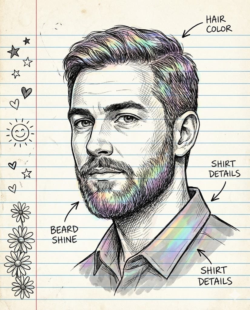 Nano Banana generated image: A realistic pen and ink sketch drawn on blue-lined notebook paper. The subject is [same as uploaded in the image don't change the face details]. The drawing is accented with subtle, iridescent rainbow watercolor highlights on key details. There are hand-drawn arrows pointing to the colorful parts. In the left margin of the paper (outside the red line), there are cute doodles including stars, hearts, a sun with a face, and stacked daisies. The style is casual, hand-drawn, utilizing cross-hatching shading. ar--4:5