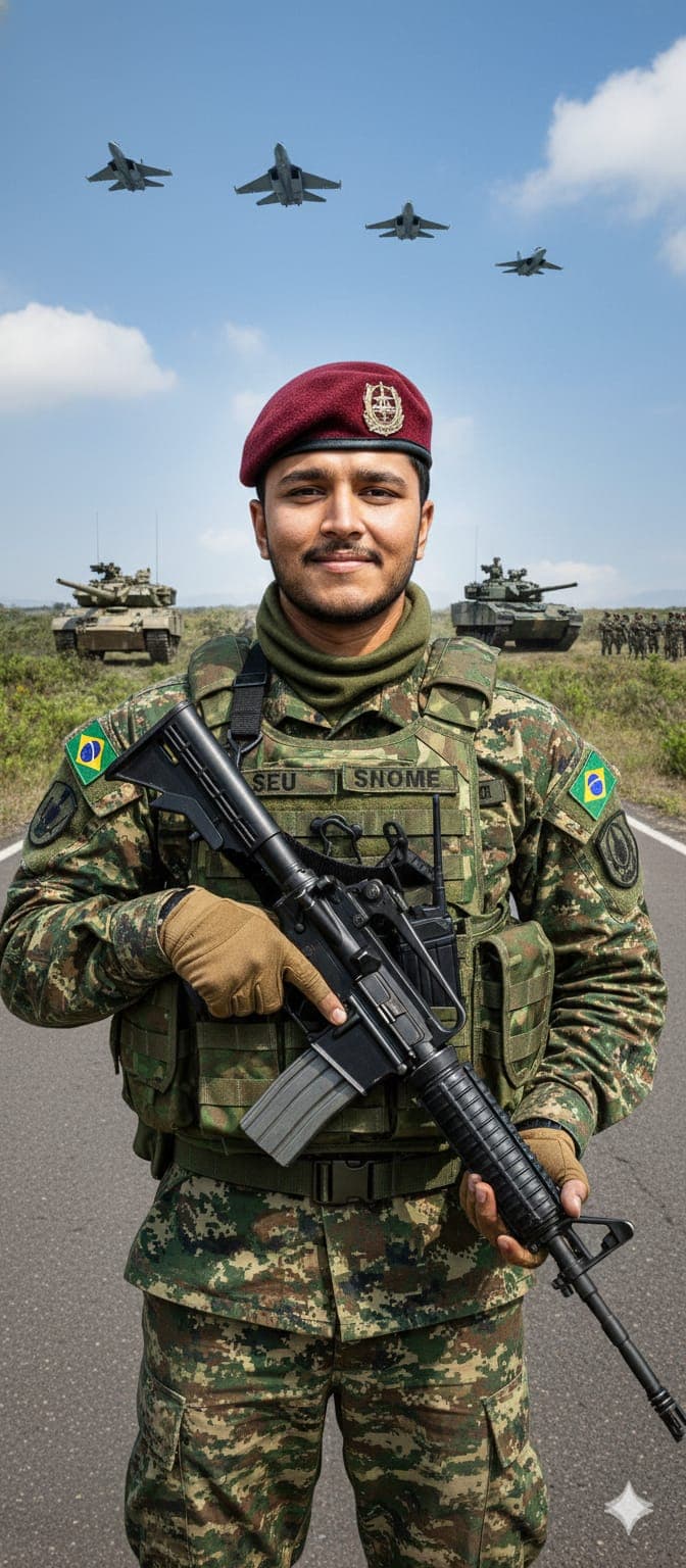Nano Banana generated image: Crie uma fotografia realista de um soldado em posição de prontidão, com leve sorriso, em pé ao ar livre. O soldado sou eu, vestindo uniforme militar camuflado em tons de verde, marrom e bege, com colete tático verde-oliva cheio de bolsos e compartimentos. No colete está escrito o nome( SEU NOME). Uso uma boina vinho com distintivo metálico, uma gola de lã verde enrolada no pescoço e luvas marrons. No braço direito há o brasão com a bandeira do Brasil. Estou segurando um rifle preto moderno, calibre 5,56 mm (M16), apoiado na frente do corpo com as duas mãos.

O fundo mostra arbustos verdes e piso cinza de asfalto. Atrás, complemente a cena com um cenário militar épico, incluindo tanques de guerra, carros de exército, caças voando no céu e soldados em formação ao fundo. A iluminação deve ser equilibrada e realista, transmitindo a atmosfera de uma operação militar. A cena deve combinar prontidão e seriedade com cordialidade e humanidade expressa pelo leve sorriso.