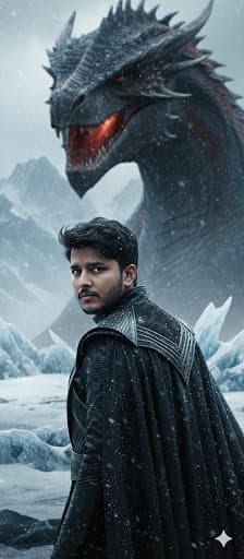 Nano Banana generated image: Uma imagem minha [foto enviada em anexo] criar uma foto 4K altamente realista em um ambiente frio, com o rosto de Drogon ao fundo, levemente desfocado. Eu estou de costas, virando apenas a cabeça para a câmera. Eu estou usando roupas pretas Targaryen levemente desfocadas, enquanto meu rosto e feições permanecem claros e realistas.