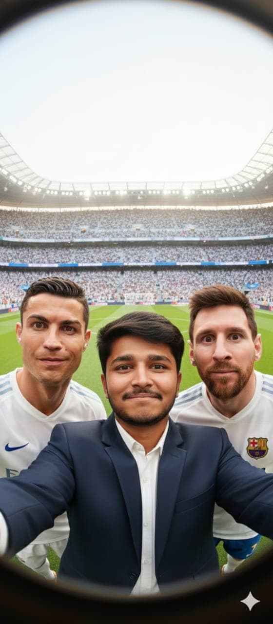Nano Banana generated image: Ultra-realistic 3D 9:16 vertical format fisheye selfie of me with [Christiano Ronaldo, Messi]. We're all making silly, exaggerated faces. Set in a football stadium, bright conditions, stadium full of viewer, with white tones. low camera angle. Realistic, cinematic lighting integrated with stylized realism.