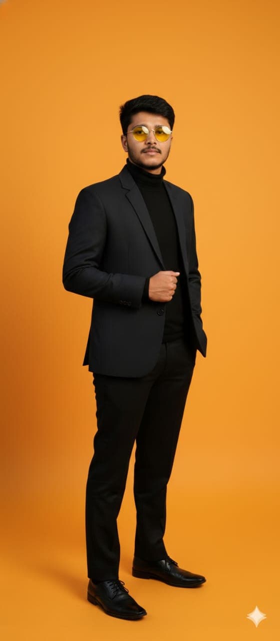 Nano Banana generated image: Studio photography of a me in a black suit, black turtleneck and round sunglasses with translucent yellow lenses.
Vibrant orange background.
Unique poses from the front.