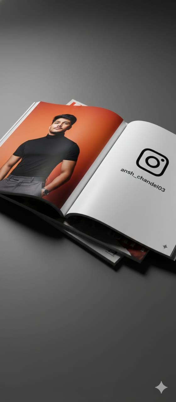 Nano Banana generated image: Hyper-realistic 8K HD high-resolution photo of an open fashion magazine lying on a dark gray surface with subtle softbox reflections and realistic shadows beneath it, shot diagonally from above.
The magazine is open across two pages:

On the left page, there is a printed editorial photo of Same Person (keep his original face), fit and dark hair slightly messy yet glossy, head tilted slightly upward with a confident and intense gaze.
He wears same outfit same uploaded image paired with a silver wristwatch, giving a clean, modern, and confident fashion vibe.

The background of the printed photo is a vivid orange backdrop with strong front-top lighting, creating dramatic highlights and shadows on his face and neck. The lighting is glossy, high-contrast, with shallow depth of field, giving an edgy high-fashion editorial aesthetic.

On the right page, include a small to big Instagram Original logo icon followed by the handle "@ansh_chandel03" in sleek modern sans-serif font, maintaining a luxury fashion-magazine composition.
The pages show realistic glossy paper reflections, fine paper texture, slightly curved pages, and stacked magazines underneath. Cinematic, elegant, ultra-detailed, with realistic reflections and premium editorial aesthetics. -ar 16:9 -v 6-style raw -quality 2 -upbeta -realistic lighting -8k ultra detailed -magazine editorial -printed photo on glossy paper -no

elements breaking page boundary.