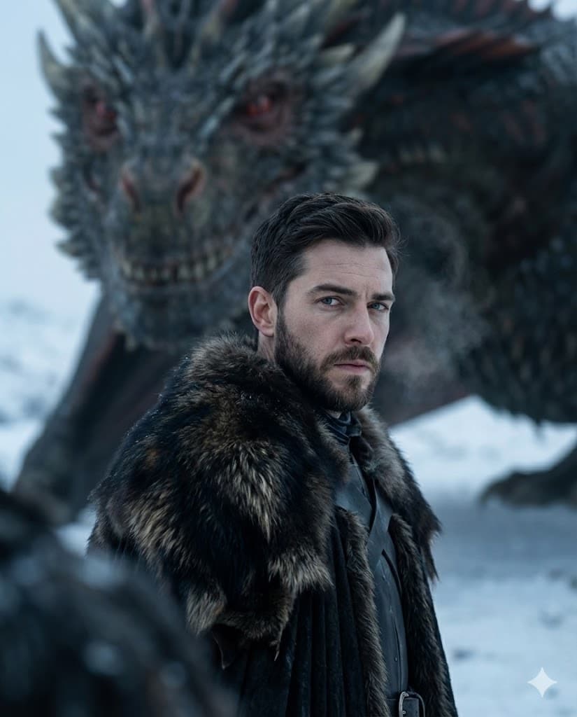Nano Banana generated image: uma imagem minha [foto enviada em anexo] criar uma foto 4K altamente realista em um ambiente frio, com o rosto de Drogon ao fundo, levemente desfocado. Eu estou de costas, virando apenas a cabeça para a câmera. Eu estou usando roupas pretas Targaryen levemente desfocadas, enquanto meu rosto e feições permanecem claros e realistas. ar--4:5