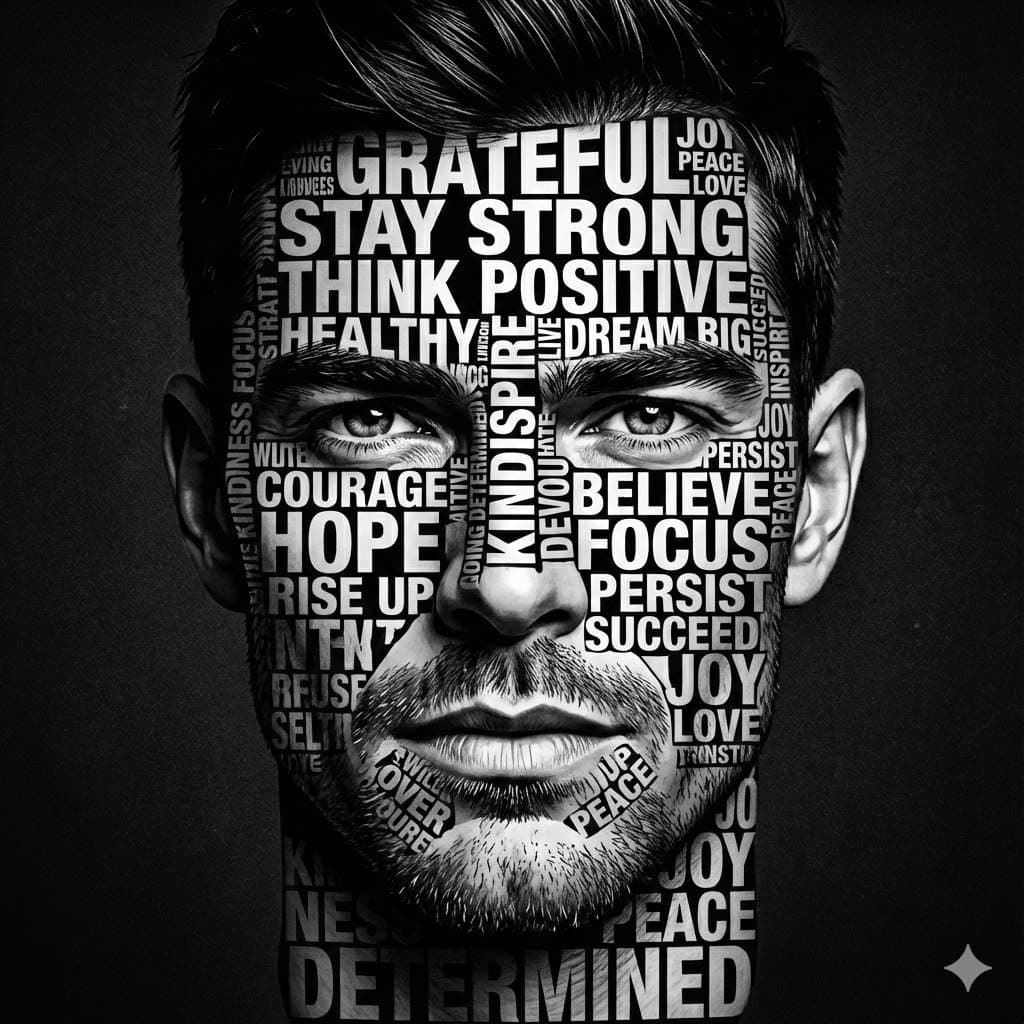 Nano Banana generated image: Create a hyper-detailed black and white portrait artwork where the face is formed entirely from motivational and positive words in bold typography. The words should follow the contours, shadows, and highlights of the uploaded reference face, making the facial features 99.99% identical to the reference photo. Only show the face, clothing is not needed. Use a dark background so the face stands out, with words such as 'GRATEFUL', 'STAY STRONG', 'THINK POSITIVE', 'HEALTHY', 'HARD and other positive English words clearly visible and integrated into the face structure. Artistic, powerful, inspirational, and realistic typographic portrait style
