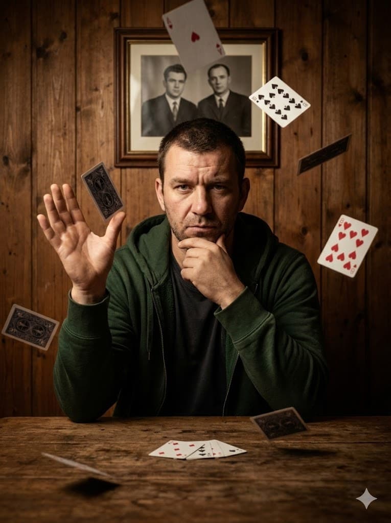 Nano Banana generated image: Edit the attached image but do not change the features. A young man wearing a dark green hooded jacket. He has a moderately muscular build. The man is sitting at a wooden table in front of a wooden wall. Playing cards are floating around him and on the table. He is looking intently towards the viewer with a slightly furrowed brow, his right hand raised and palm open, as if performing a magic trick, while his left hand is resting on his chin, appearing to be in meditation. Behind him, a framed photograph of two men hangs on the wall. The lighting is warm and dim, creating a dramatic atmosphere, with shadows adding depth. The composition is centered, with a shallow depth of field, focusing on the man. Image clarity: 4k