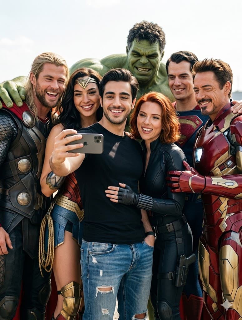 Nano Banana generated image: A ultra realistic group selfie, center is the person from the attached image, wearing a fitted black shirt and ripped jeans, holding an iPhone for the selfie. Around are Chris Hemsworth as Thor, Gal Gadot as Wonder Woman, Scarlett Johansson as Black Widow, Mark Ruffalo as Hulk, Henry Cavill as Superman, RDJ in full armor all hugging, smiling, posing casually like close friends. Fun, joyful mood, bright daylight, cinematic quality, natural look, high detail.
