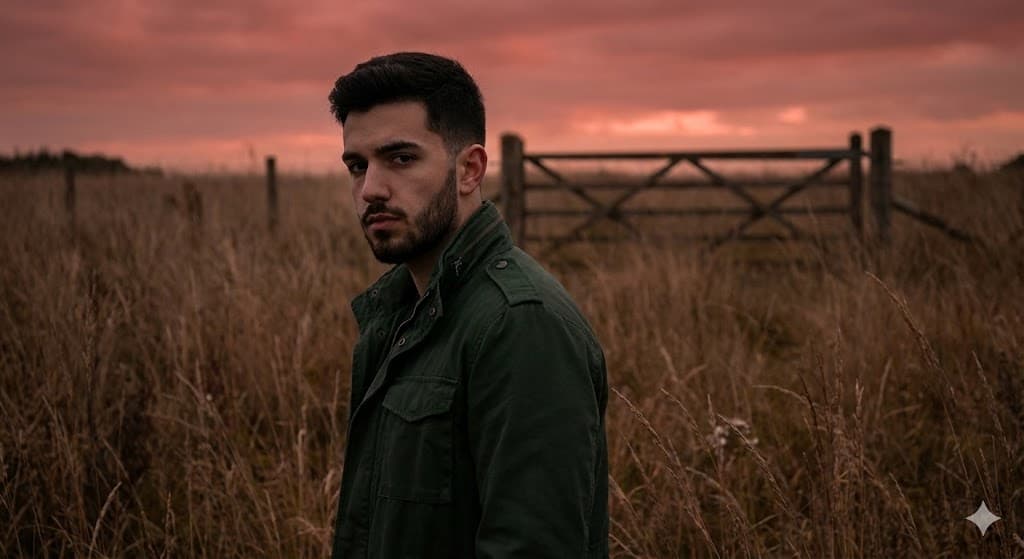 Nano Banana generated image: Edit the attached image and do not alter the features. A young man, of Middle Eastern appearance, stands slightly left of center, looking to the right of the frame. His hair is dark and his beard is neatly trimmed. He is wearing a dark green jacket. The man has a medium build and a serious expression. He stands in a field of tall, dry grasses, with an old wooden gate visible in the background. The overcast, red sunset sky provides diffused light, casting a muted color palette dominated by browns and greens. The composition uses a shallow depth of field, blurring the grasses in the foreground, adding a sense of atmosphere. The perspective is taken from a slightly low angle. The overall style is naturalistic and atmospheric, creating a somber atmosphere. Image resolution: 8k