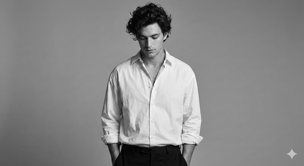 Nano Banana generated image: Use the uploaded face image as the base reference, maintaining the exact facial structure, natural expression and hair texture. Create a high-fashion editorial portrait in monochrome. The wardrobe styling must match an intentionally relaxed and slightly disheveled look: A white lightweight cotton shirt that is NOT fitted, slightly oversized and hanging loosely on the body. The top buttons are casually unbuttoned without symmetry, revealing a natural neckline and chest. The sleeves are rolled up in an unstructured, effortless way, soft and uneven, not tight or styled neatly. The shirt should show soft wrinkles and natural folds that emphasize movement and relaxed elegance.
Pose: The subject stands with hands casually placed in the pockets, shoulders slightly dropped. The head tilts gently downward, eyes looking down - projecting a calm, introspective presence. Body language must be effortless and confident in a quiet, subtle way, not posed or tense.
Hair: Voluminous, naturally messy, airy texture, styled to lo