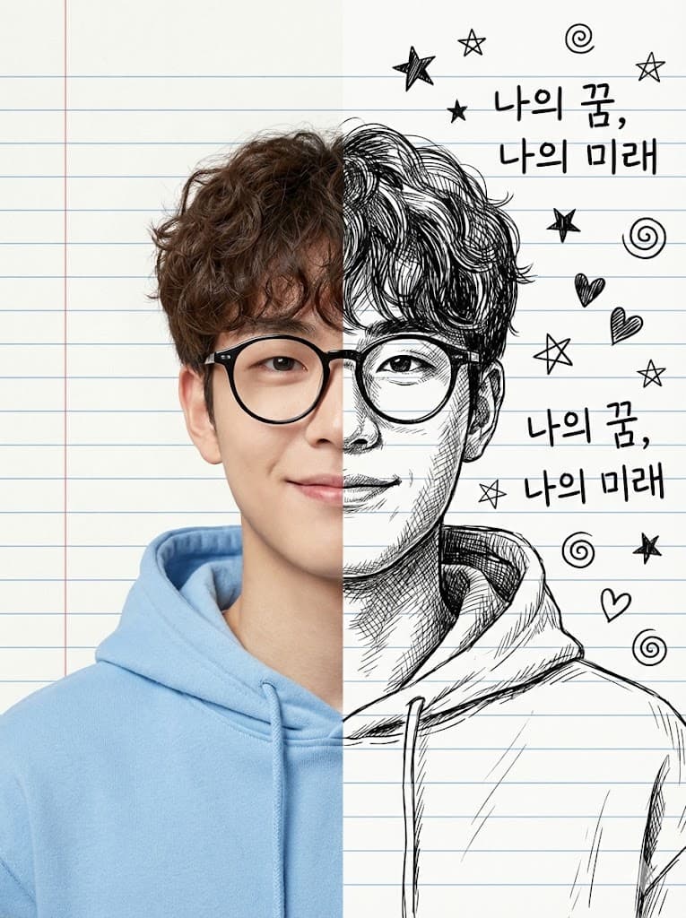 Nano Banana generated image: Half realistic photograph, half detailed black and white doodle sketch** of a young man with curly hair and glasses, wearing a light blue hoodie. The background is *lined school notebook paper* covered in simple black-and-white doodles, hearts, stars, and handwritten Korean Hangul text [Your Text]. **Perfect center split, digital art, high detail. AR--3:4