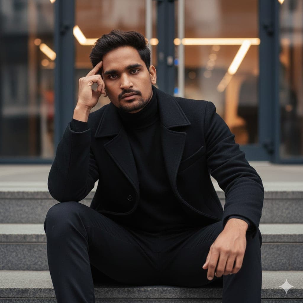 Nano Banana generated image: A cinematic urban portrait of me, keeping my real face unchanged. I am sitting casually
on outdoor stone steps in front of a building entrance, leaning slightly forward with a
confident and contemplative posture. My left elbow rests on my knee, with my hand
raised to my temple in a thoughtful gesture, while my right arm hangs more loosely, with
my hand extended downward in a relaxed position. My legs are bent naturally, spreading
apart for a grounded and strong presence. My gaze is directed toward the camera,
steady and intense, with a calm yet powerful expression. I am wearing a black outfit: a
fitted turtleneck sweater layered under a black coat with a wide collar and subtle texture.
The coat has a tailored yet modern look, with a slightly matte fabric that absorbs the
light, creating depth. My trousers are also black, slim-fitted, completing the clean,
monochromatic style. No visible accessories, emphasizing minimalism and
sophistication. The background shows part of an urban building with glass doors and
warm interior lights softly glowing, adding contrast to the darker tones of my outfit. The
lighting is warm and diffused, highlighting my face and upper body while creating soft
shadows that add cinematic depth. The camera captures me slightly from below (low
angle), emphasizing strength and presence, framed from the knees up. The focal length
resembles a portrait lens around 50-85mm, producing natural proportions with a shallow
depth of field that keeps me sharp against the softly blurred background. Style:
cinematic, moody urban portrait, editorial fashion photography, minimalistic monochrome
outfit, professional model vibe.