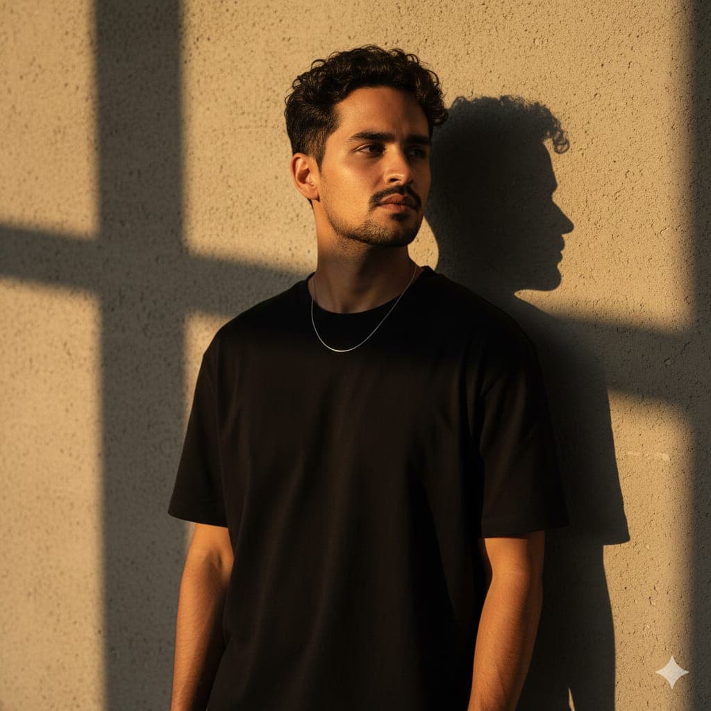 Nano Banana generated image: Cinematic portrait of me, keeping my real face unchanged. 1 am standing close to a
wall, my upper body slightly turned toward it, with my right shoulder leaning closer while
the rest of my torso angles outward. My arms hang naturally at my sides, relaxed and
casual. My head is tilted slightly to the right, and I am looking off into the distance with a
calm, thoughtful expression, as if lost in contemplation.l am wearing a loose-fitting, plain
black t-shirt made of soft cotton fabric, with a relaxed, casual drape over my shoulders
and torso. Around my neck is a thin, minimalistic necklace that adds a subtle accessory
detail. The lighting is dramatic and golden, as if from the setting sun, casting long
rectangular patterns of light and shadow on the wall behind me. My silhouette and hair
create a strong shadow on the wall, adding depth and atmosphere. The warm light
illuminates part of my face and hair, while the rest remains in soft shadow, creating a
moody and cinematic effect.
The camera is positioned at eye-level, framing me from the waist up with a portrait focal
length of about 85mm. The perspective feels intimate and natural, emphasizing the
interplay of light, shadow,
and mood.Style: cinematic, editorial portrait photography, moody sunset lighting, natural
shadows, professional fashion vibe.same face.