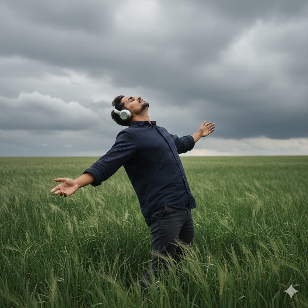 Nano Banana generated image: A cinematic, moody photograph of a young man Use the 100% same face standing in a
lush green field of tall grass under a cloudy, overcast sky. He is wearing a loose, dark
button-up shirt and dark trousers. His posture is expressive and dramatic, leaning slightly
backward with one arm outstretched and palm open, as if embracing the wind or the
moment. His head is tilted back, eyes closed, and he is wearing large, over- ear silver
headphones, giving a sense of calm and emotional release. The perspective is slightly
tilted, giving a unique angle to the view