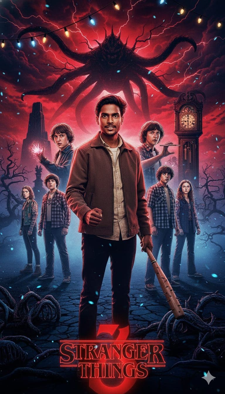 Nano Banana generated image: Generate an official Stranger Things season poster in the exact style Netflix's promotional key art, using the person in the reference photo as the central protagonist. Strictly respect every visual detail from the reference: face, hair, expression, lighting, clothing, and pose must be identical. Place the other main characters (eleven, Mike, Dustin, Lucas, Max, etc.) in the background in their classic poster poses. Include the iconic red Stranger Things logo typography, fog, Christmas lights, grandfather clock, Upside Down gate, and full retro 80s aesthetic exactly like the real poster.