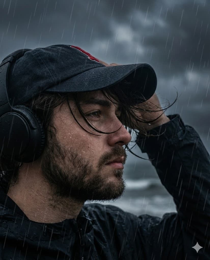 Nano Banana generated image: profile, looking into the distance with a melancholic expression. (use my image with accurate face 100%) he is wearing a dark baseball cap with a red detail and black over-ear headphones.
His heavy dark hair is tousled by the coastal wind, falling leicht ins Gesicht, voller Textur und Bewegung.. Raindrops are clearly visible on his skin. The background is a heavily blurred, dark, rainy outdoor scene with {argument name="rain streak count" default="64"} visible streaks of falling rain.￼