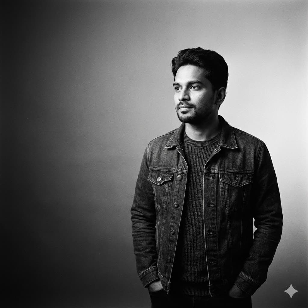 Nano Banana generated image: Transform the above image into a top-tier portrait shot taken in a photography studio, requiring a half-body shot with coordinated and natural movements, close-up shot, focusing on the face. The subject's clothing and gestures should be changed to urban casual style, with an overall atmosphere leaning towards profound but not deliberate. The overall effect is quiet, profound, and gentle. The background presents a soft gradient effect, creating a sense of depth and serene atmosphere. The delicate film grain texture adds a tactile, analog photography-like soft quality to the image, reminiscent of classic black and white photography. A gentle directional light, softly diffused, caresses the contours of the subject's cheeks, or creates catchlights in the eyes—this is the emotional core of the image. The rest is occupied by a large amount of negative space, deliberately kept minimal, allowing the image to breathe freely. There is no text or logos in the frame—only the interweaving of light, shadow, and emotion. Top photographer's portrait style, off-center composition.