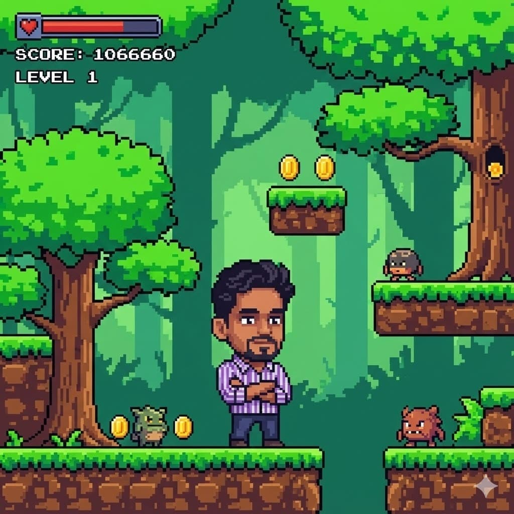 Nano Banana generated image: Recreate this [Character] as a 16-bit video game character, and place the character in a level of a 2D 16-bit platform video game.