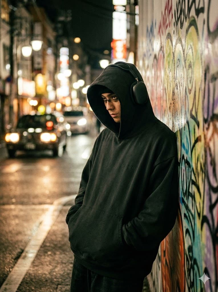 Nano Banana generated image:  "Street photography style shot of a person wearing an oversized designer hoodie and headphones, leaning against a graffiti wall in Tokyo. Night time, bokeh street lights, moody atmosphere, shallow depth of field, canon photography, sharp eyes, urban aesthetic." ar--3:4