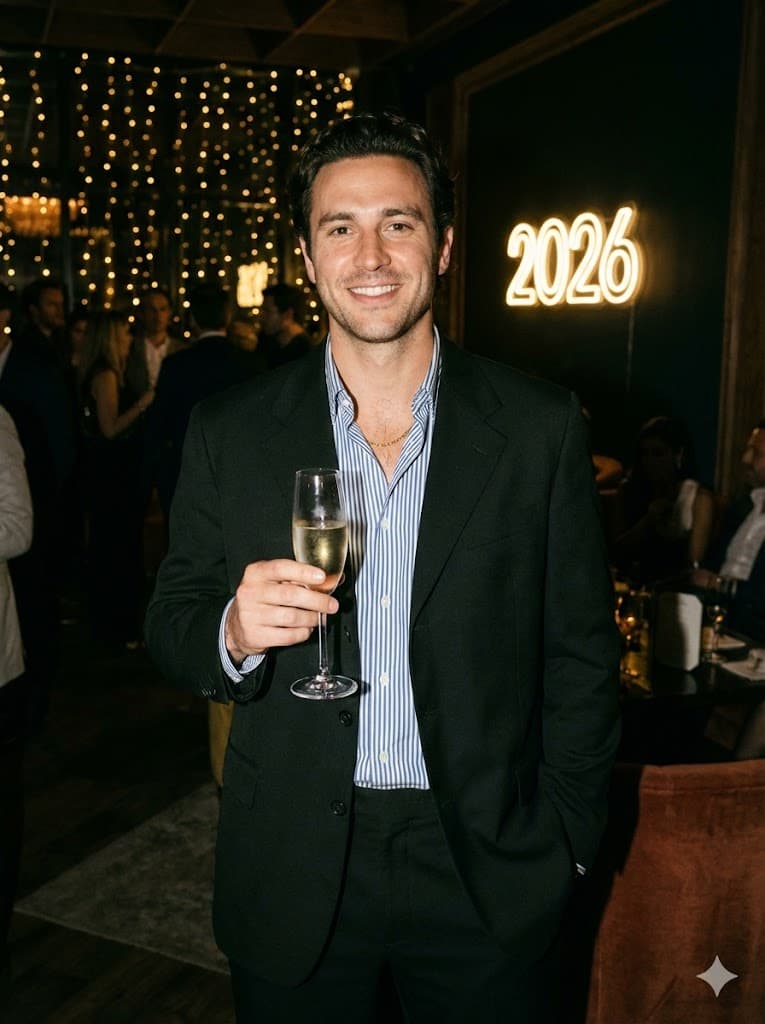 Nano Banana generated image: A natural, slightly gritty portrait of a man inside a dimly lit, upscale party lounge, holding up a glass of champagne and smiling directly at the camera, matching the reference photo's expression and features. He wears the specific relaxed dark black suit, striped shirt, and golc chain outfit from the reference image, which looks authentic. Behind him, blurred string lights and a "2026" sign are visible. The photo is sharp, detailed, and feels candid,notstaged.8kquality.--ar3:4