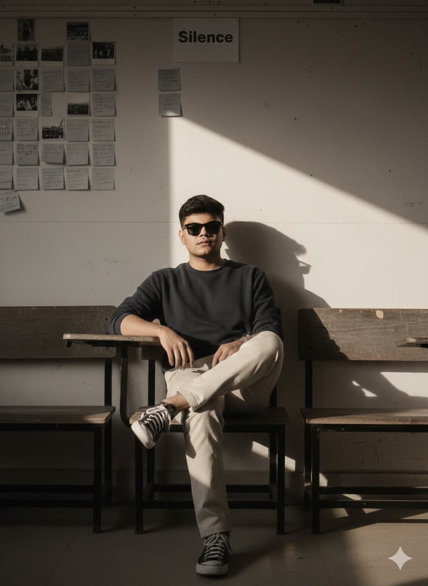 Nano Banana generated image: Edit this image of a young man into a high-contrast black and white portrait in a quiet classroom. he leans casually on a wooden school chair, legs crossed, wearing a navy blue sweatshirt, beige chinos, and black-and-white Converse sneakers. calm neutral expression. His left arm rests on the desk, his right hand drops casually to the side. Behind him, an off-white classroom wall with visible wear, pinned papers, photos, and sticky notes in a grid. One page clearly shows the printed word “Silence”, positioned above his head. Sunlight enters sharply from the right, casting a triangular beam of light on the wall and her shadow. The contrast is dramatic, cinematic, and natural, with a warm late-afternoon tone. The overall style feels candid and realistic, similar to a film photograph: slightly grainy, soft vintage texture, natural imperfections.figure and face fat not show some slim and chisal face look like real face face not look like fatty some jaw line also