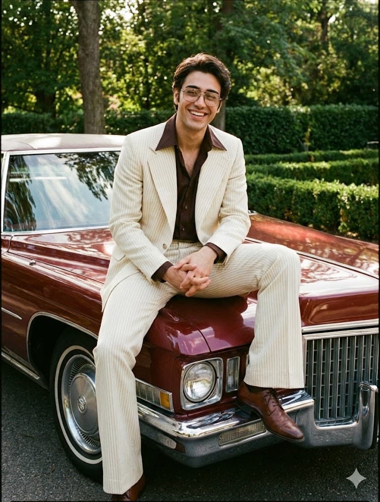 Nano Banana generated image: A hyper-realistic photograph with the warm, grainy tones and retro cinematic vibe of a 1970s film camera.
Subject: A stylish man with a slightly slim athletic body sitting casually on the hood of a vintage classic car. He is wearing a cream pinstriped blazer, matching cream bell-bottom trousers, and a dark brown shirt with the top buttons open, paired with brown formal shoes, exuding a confident, 1970s Bollywood mafia-style look. Preserve the face, facial structures, expressions, and body proportions from the provided reference image (the subject is smiling with glasses, looking directly at the camera). The subject’s pose must be maintained—sitting on the car's hood, one leg down, one leg bent up, hands resting on his lap.
Car: A large, classic American luxury car (like a Cadillac or Lincoln) in a deep maroon or royal color. It features wide whitewall tires, prominent chrome details on the grille and bumpers, and a highly polished metallic body that reflects sunlight.