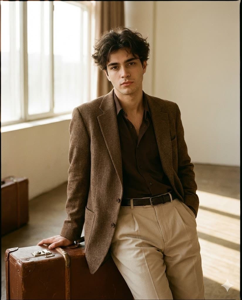 Nano Banana generated image: A stylish young man, facial will be 100% same as the reference image, with sharp features and dark tousled hair parted naturally. He is leaning casually against a vintage suitcase. He wears a textured brown blazer over an open-collar dark brown shirt, slightly unbuttoned at the top, paired with high-waisted light beige pleated trousers and a dark belt. The aesthetic is elegant and retro-inspired, with earthy tones. Minimalistic indoor background, cinematic warm natural lighting. Use the face from the uploaded reference image and preserve the same facial features — do not alter the face. AR--4:5