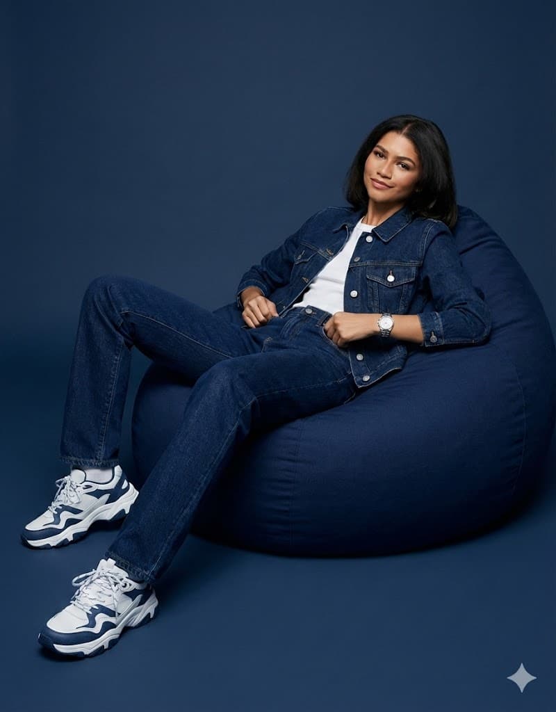 Nano Banana generated image: Hyper-realistic cinematic full-body fashion photoshoot of the uploaded person (age 26, 5'5"), exact face and hairstyle from uploaded image, perfectly styled. Leaning back on deep navy blue bean bag, one arm resting on bag edge, legs slightly apart, exuding confidence. Bold all-navy Blue denim navy blue jacket: under white t-shirt, with denim blue jeans, chunky sneakers, silver watch. Solid navy blue background.