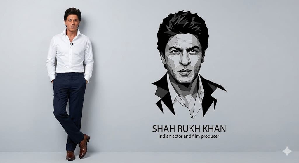 Nano Banana generated image: "Ultra-realistic 8K full-body portrait of the same man
from the reference photo, wearing a clean, pressed white dress shirt with a turned-up collar and a small lapel microphone, dark navy blue trousers, and polished brown dress shoes. He is casually and unpretentiously leaning against a smooth, light gray studio wall; his hands are in his pockets and one leg is crossed over the other, with relaxed and confident body language. Add to the wall next to him a prominent black and white vector portrait of his face and chest - with sharp, angular lines, overlapping polygonal shapes, and a minimalist and modern graphic style, just below the information: Shah Rukh Khan, and below the name: Indian actor and film producer."
Use The Face From The Uploaded Reference Image And Preserve The Same Facial Features - Do Not Alter The Face. And Keep My Face 100% Accurate As Shown On Reference Image