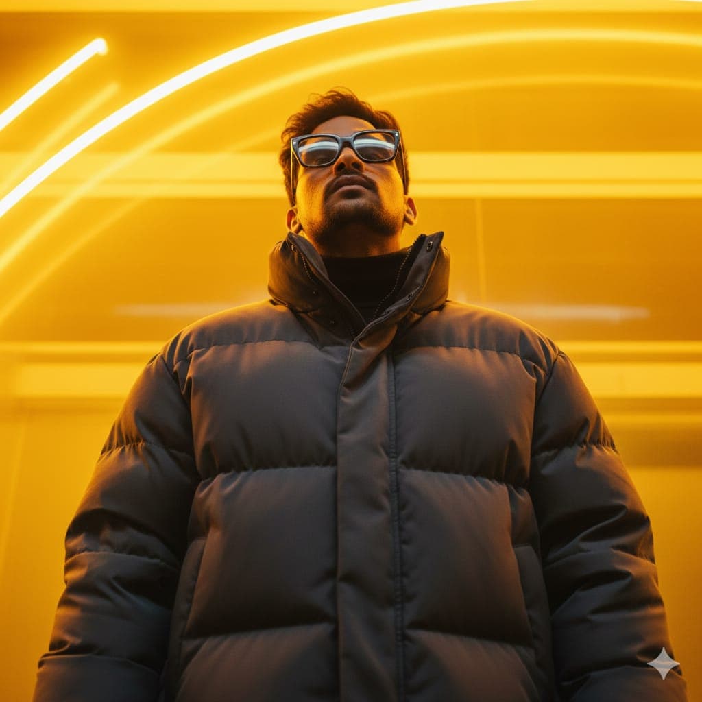 Nano Banana generated image: A cinematic urban portrait of me, keeping my real face unchanged. I am standing
upright, viewed from a low angle, which makes me appear taller and more dominant in
the frame. My head is tilted slightly upward, and my gaze is directed above the camera,
as if I am looking toward the light, creating a confident and thoughtful expression. My lips
are closed, and my jawline is accentuated by the lighting. My arms rest naturally by my
sides, out of the main focus, keeping the pose strong and minimal. I am wearing a thick,
oversized puffer jacket in a matte dark color, with a high collar that adds volume around
my neck and shoulders. The jacket's fabric has a smooth, padded texture that reflects
the ambient light, emphasizing its structure. On my face, I am wearing large, modern
eyeglasses with a thick, dark frame, adding a bold accessory detail to the look. My
hairstyle is slightly curly and voluminous, complementing the casual but stylish
streetwear vibe. The background is filled with glowing neon yello