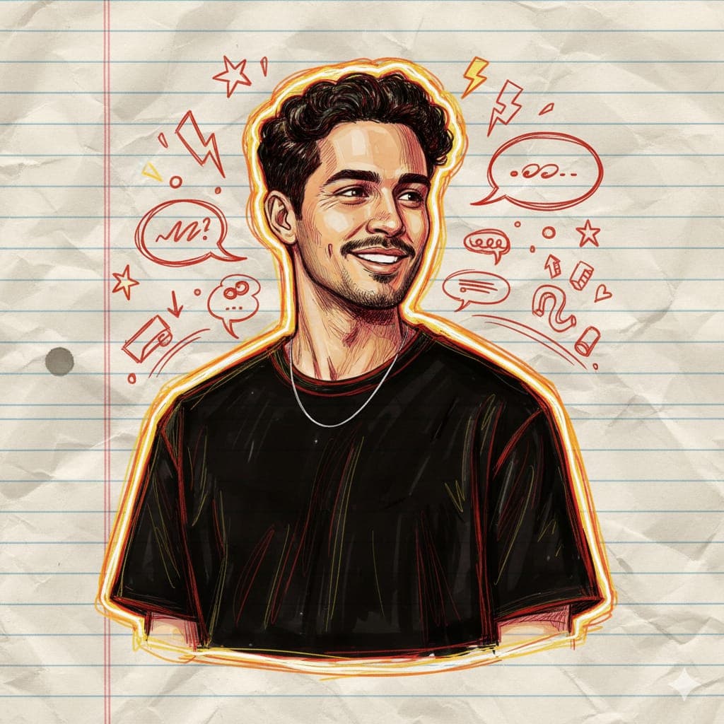 Nano Banana generated image: Generate a hand-drawn portrait illustration in red and Yellow pen on notebook paper, inspired by doodle art and comic annotations. Keep a full likeness of the subiect, expressive lines, spontaneous gestures, bold outline glow, and handwritter notes around. realistic pen stroke texture, 4K resolution. Don't change the face cut