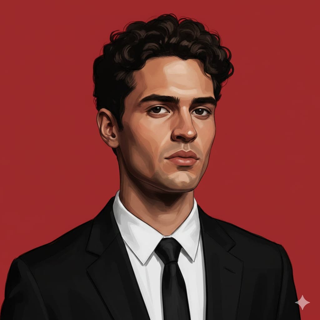 Nano Banana generated image: Convert the uploaded photo into a square-format diaital 3D painting styled as a dramatic graphic- novel character portrait. The face and hair are strictly preserved from the original mage: use the exact same facial features, proportions, skir texture, and bone structure, and keep the hair exactly as it appears in the uploaded photo, with no beautification, reshaping, stylization, smoothing, or exaggeration of any kind Apply harsh cinematic lighting with bold, dramatic shadows to emphasize facial structure without altering identity, and use strong brushstroke textures with rough sketch lines while maintaining stylized realism with clean edges and painterly depth. The mood should be serious, powerful, and intense. The character is wearing a black suit with a white shirt and black tie posed with a confident, stoic expression and a slight head tilt Keep the color palette minimal-deep blood red, black, and natural skin tones only. The background must be a solid blood-red color with no texture or details. The portrait should be tightly cropped from the chest to the top of the head ultra-sharp in detail, with the face remaining %100 identical to the uploaded photo