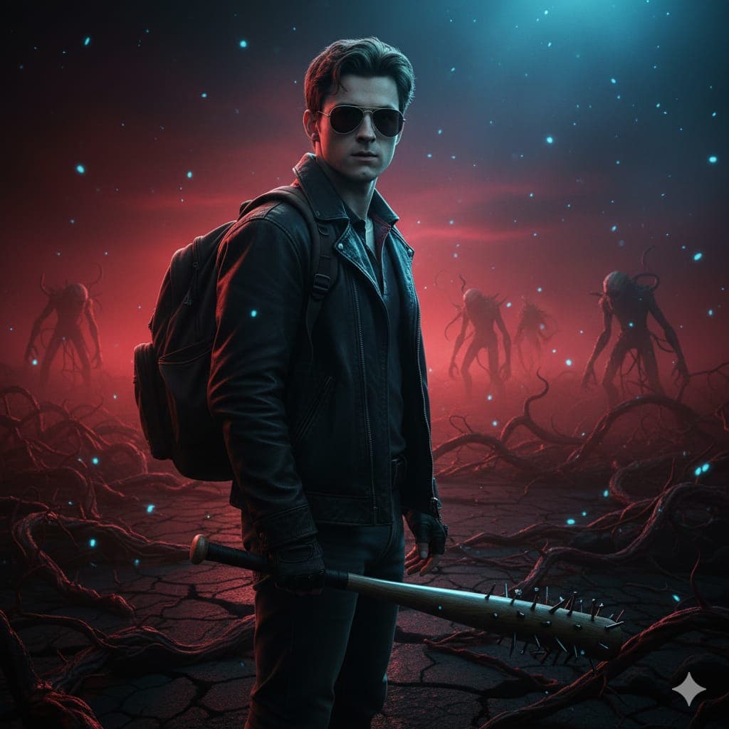 Nano Banana generated image: sing {reference image), recreate a Stranger Things- style scene. Keep my real face perfectly natural and unchanged. I am standing confidently, holding the iconic baseball bat with nails in my right hand. Place me inside the Upside Down world with floating particles, red mist, dark atmosphere, and eerie blue lighting. Show cracked ground, dark vines, and Demogorgon silhouettes in the distance. My outfit should match the 80s adventure style: jacket, gloves, backpack, and sunglasses if suitable. The scene should look cinematic, dramatic, and intense like a Season 4 hero moment. Camera angle: slightly low, heroic angle. Keep the identity 100% accurate, do not beautify or alter the face. Maintain a realistic Stranger Things color palette and mood